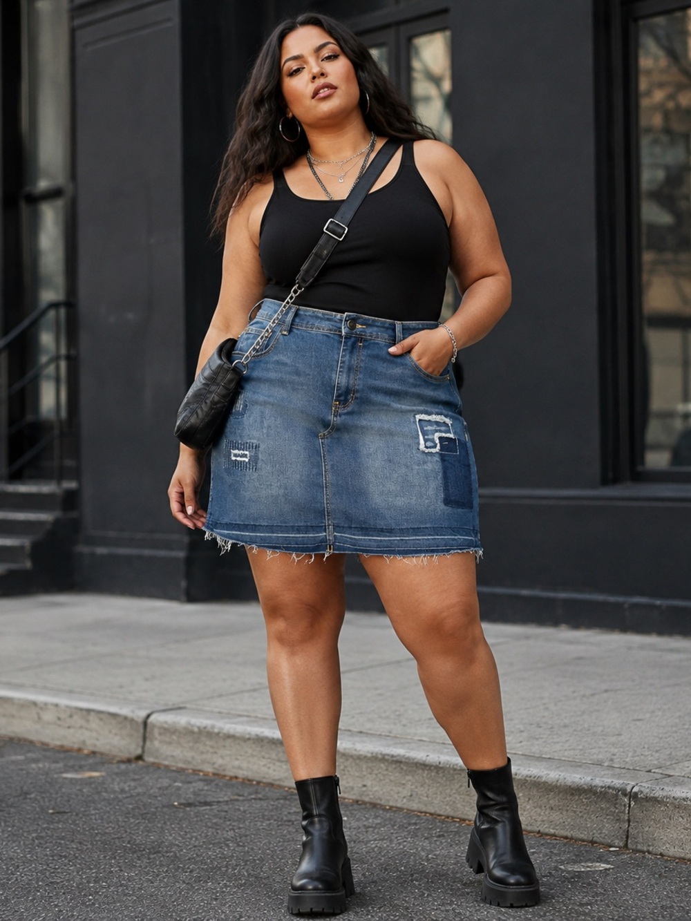 Lane Bryant Size 26 NWT Patchwork Distressed Denim Mini Skirt Raw Hem